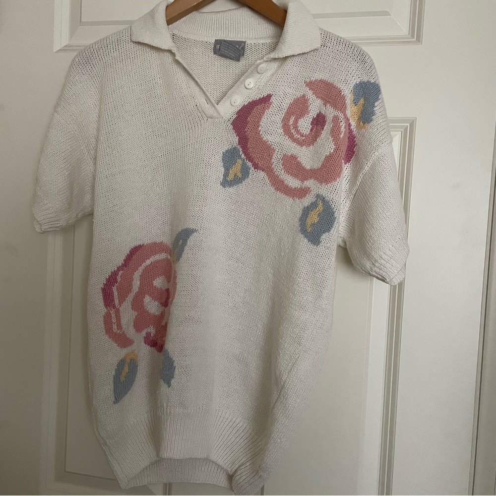 Y2K Intuitions Floral Front Collared Ramie Cotton Summer Sweater
